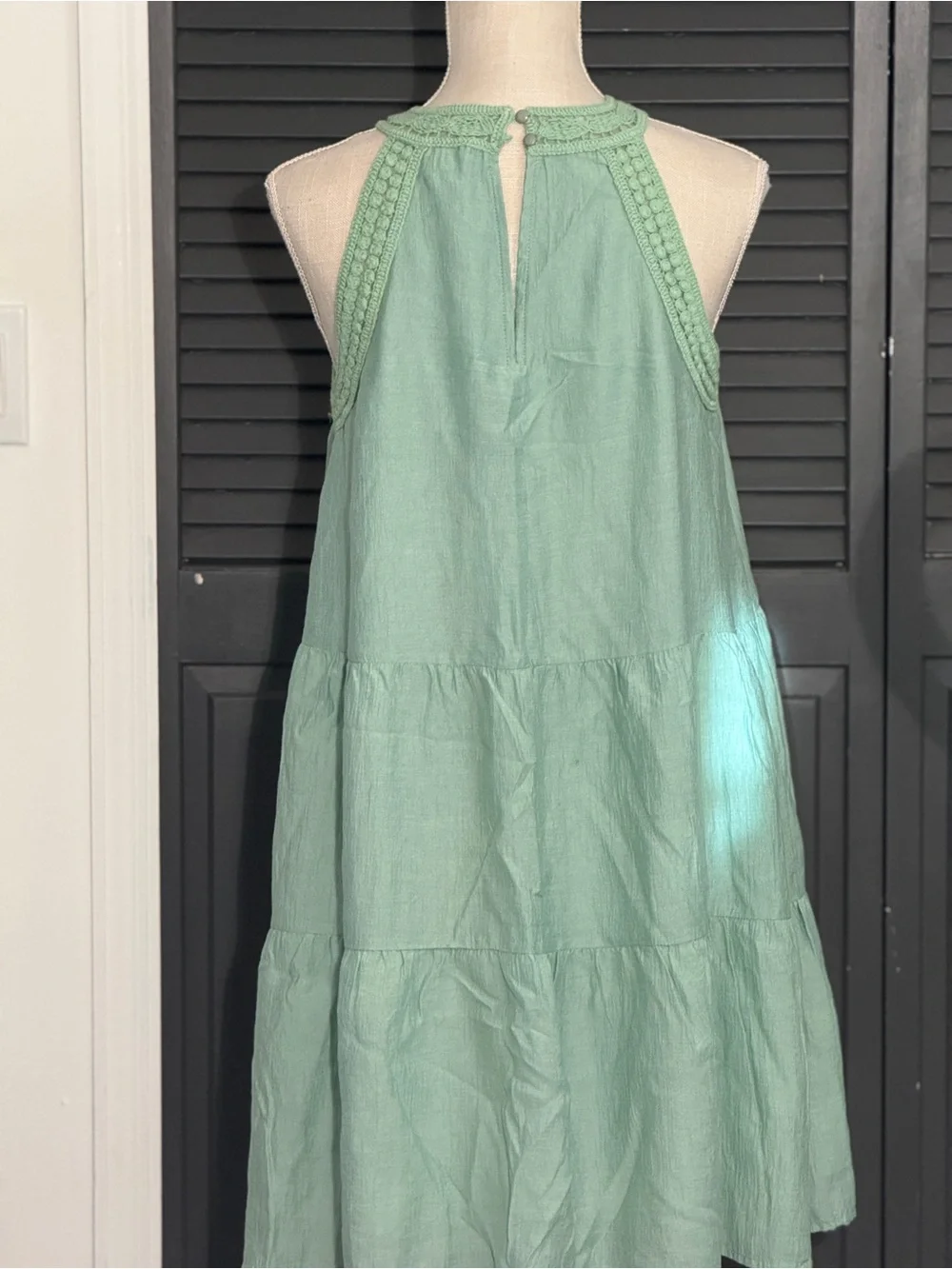BTFBM Sage Green Crochet Halter Tiered Babydoll Dress Size M